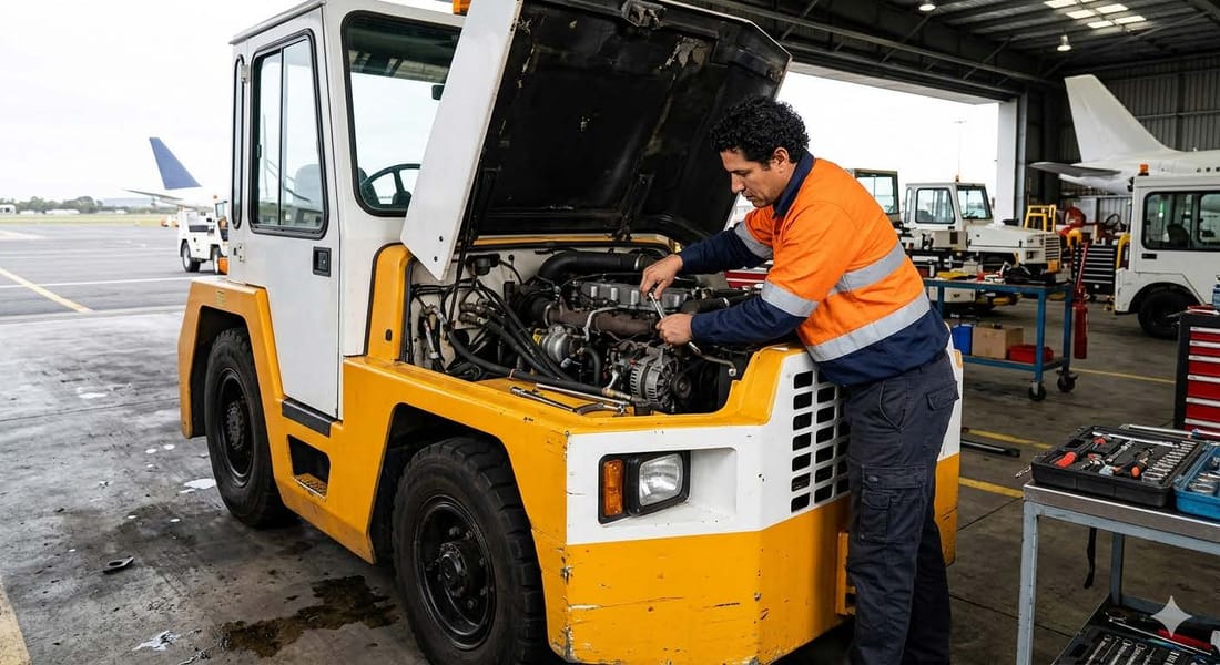 Technician overhauling a diesel engine with full tool kit