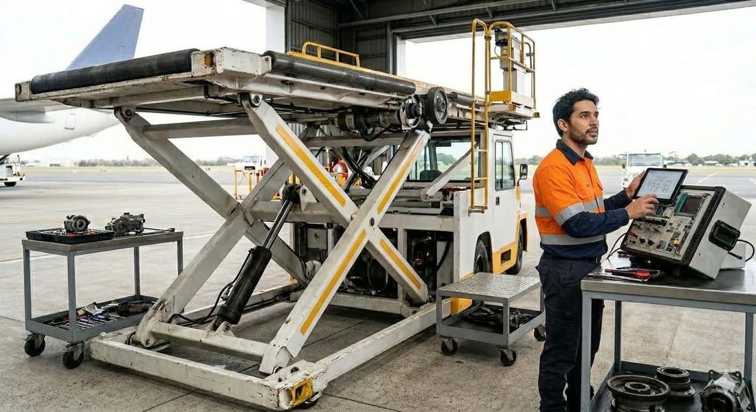 Technician running diagnostics on ground support equipment on-site